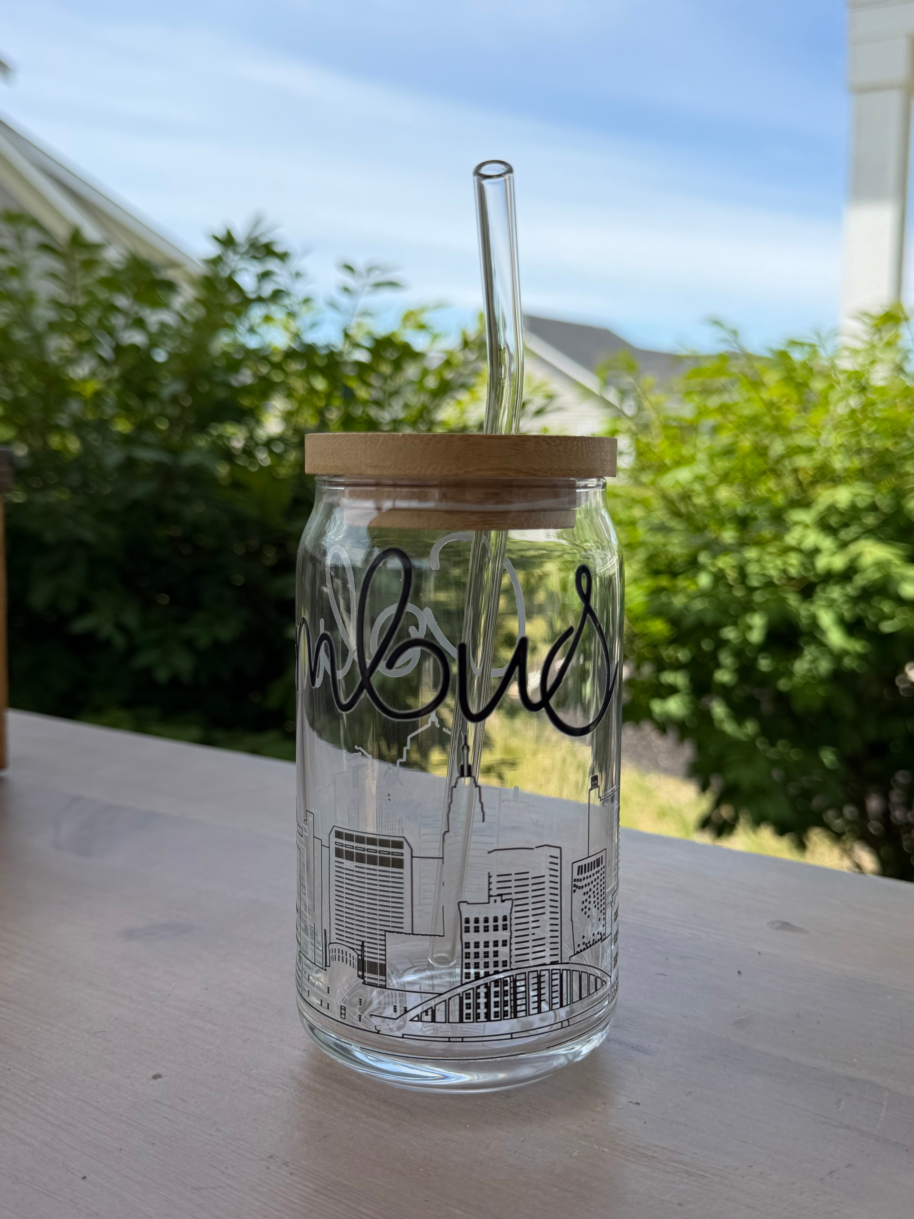 Columbus, Ohio Skyline Glass Cup | 16 oz Iced Coffee Cup with Bamboo Lid & Glass Straw