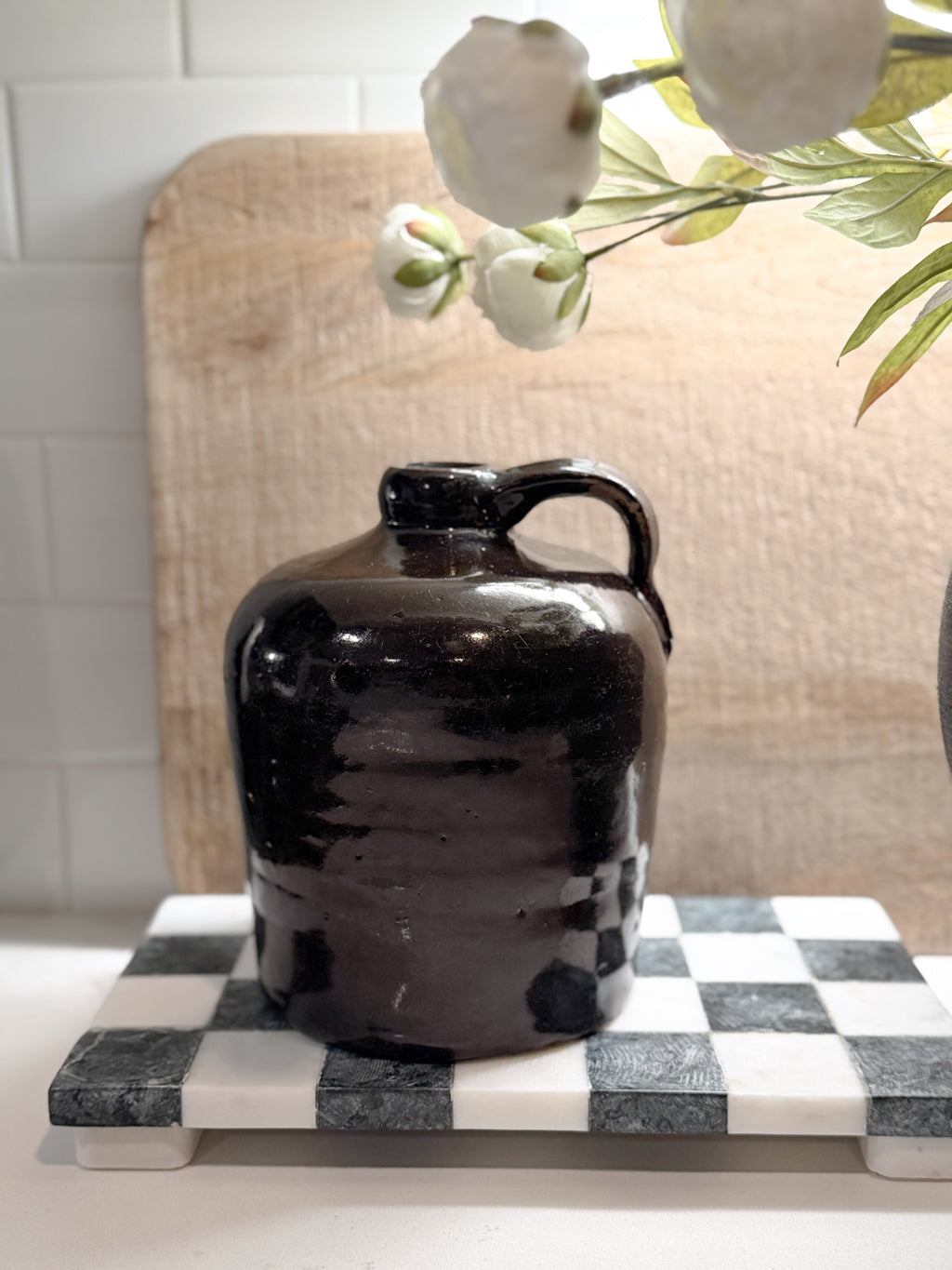 Brown Glazed Handled Stoneware Vessel
