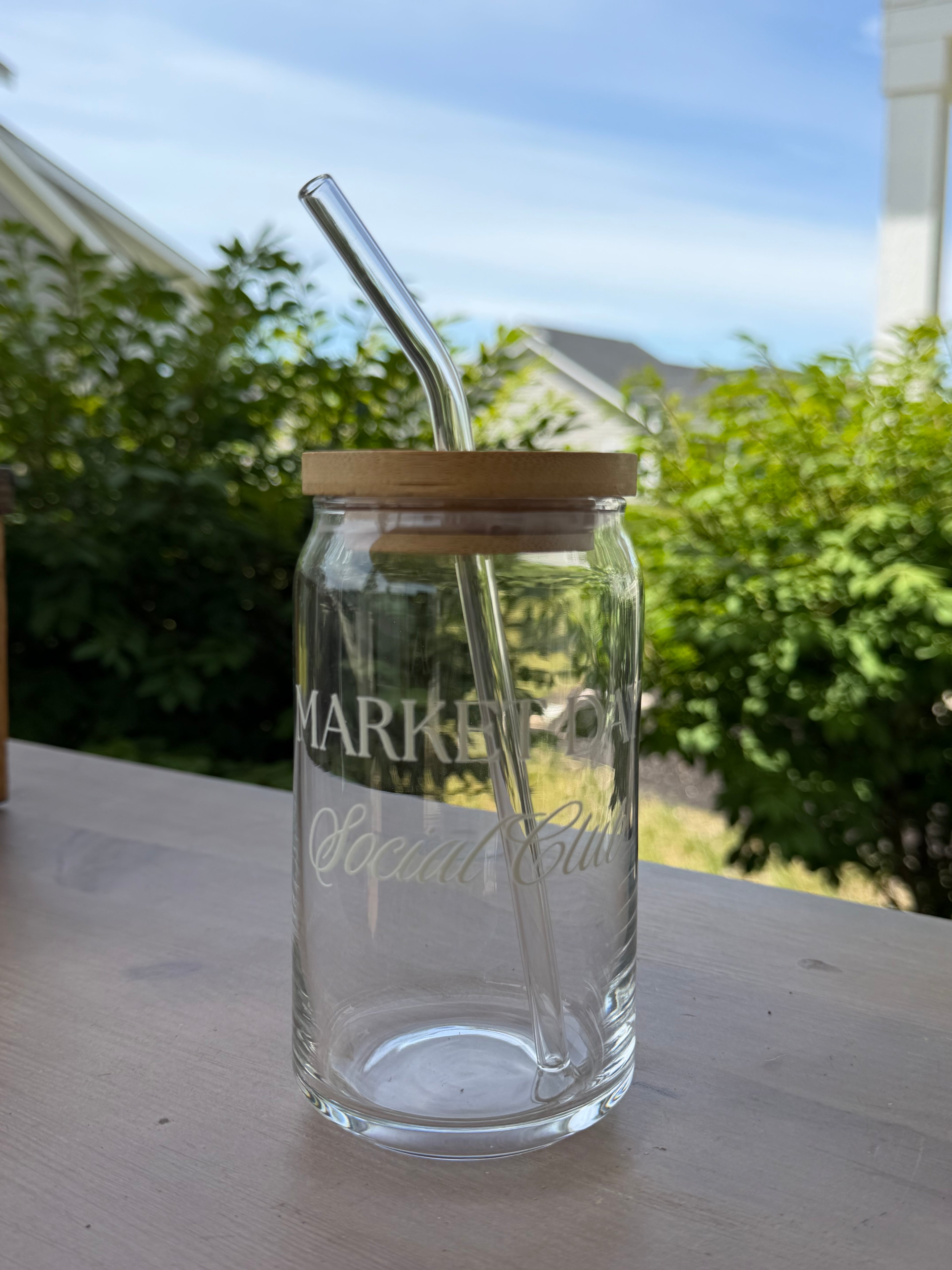 Market Day Social Club Glass Can Cup | 16 oz Iced Coffee Cup with Bamboo Lid & Glass Straw