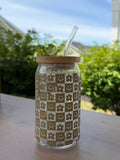 Smiley Check in Umber Glass Can Cup | 16 oz Iced Coffee Cup with Bamboo Lid & Glass Straw
