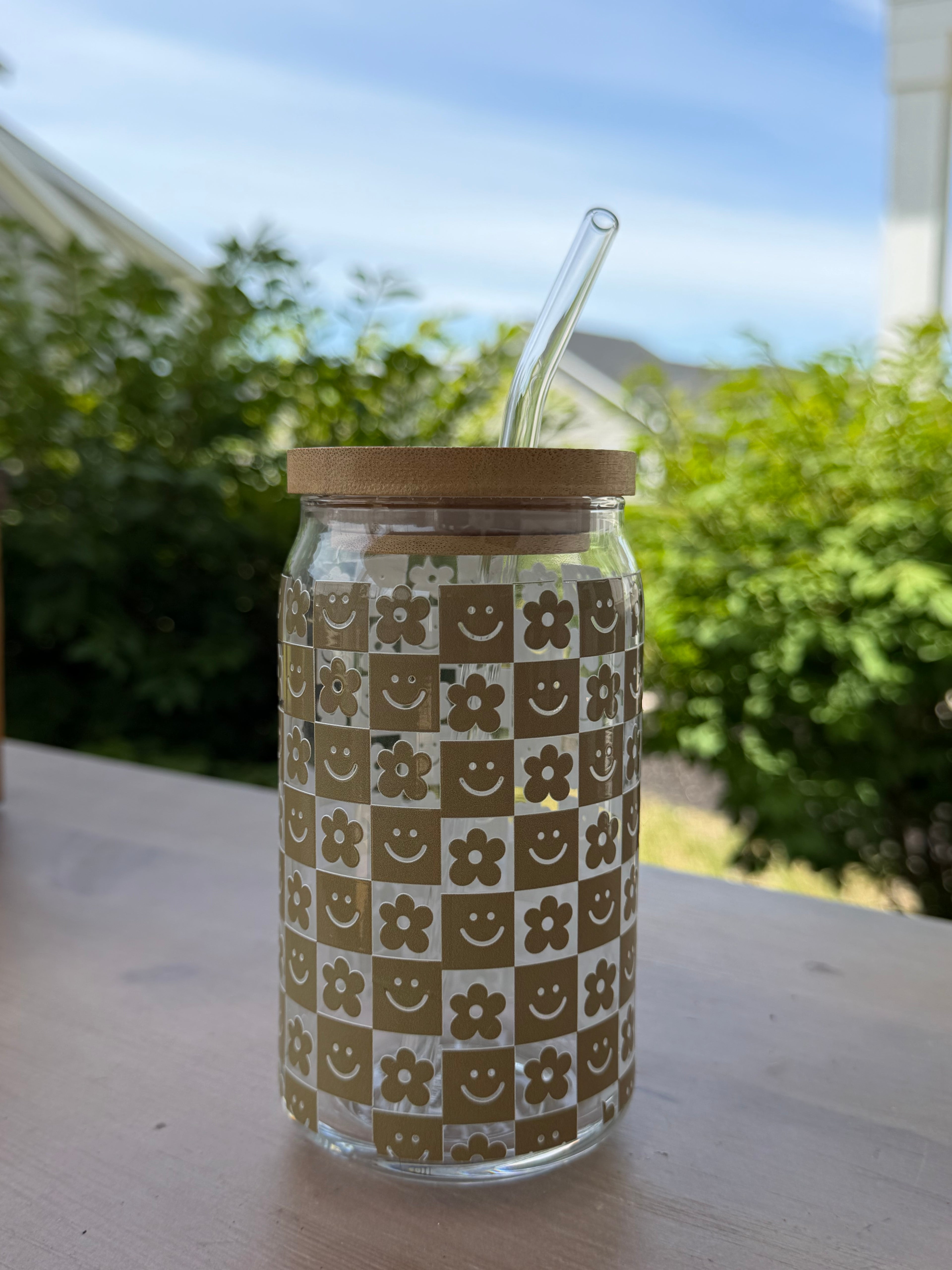 Smiley Check in Umber Glass Can Cup | 16 oz Iced Coffee Cup with Bamboo Lid & Glass Straw