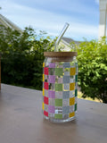 Rainbow Checkered Glass Can Cup | 16 oz Iced Coffee Cup with Bamboo Lid & Glass Straw