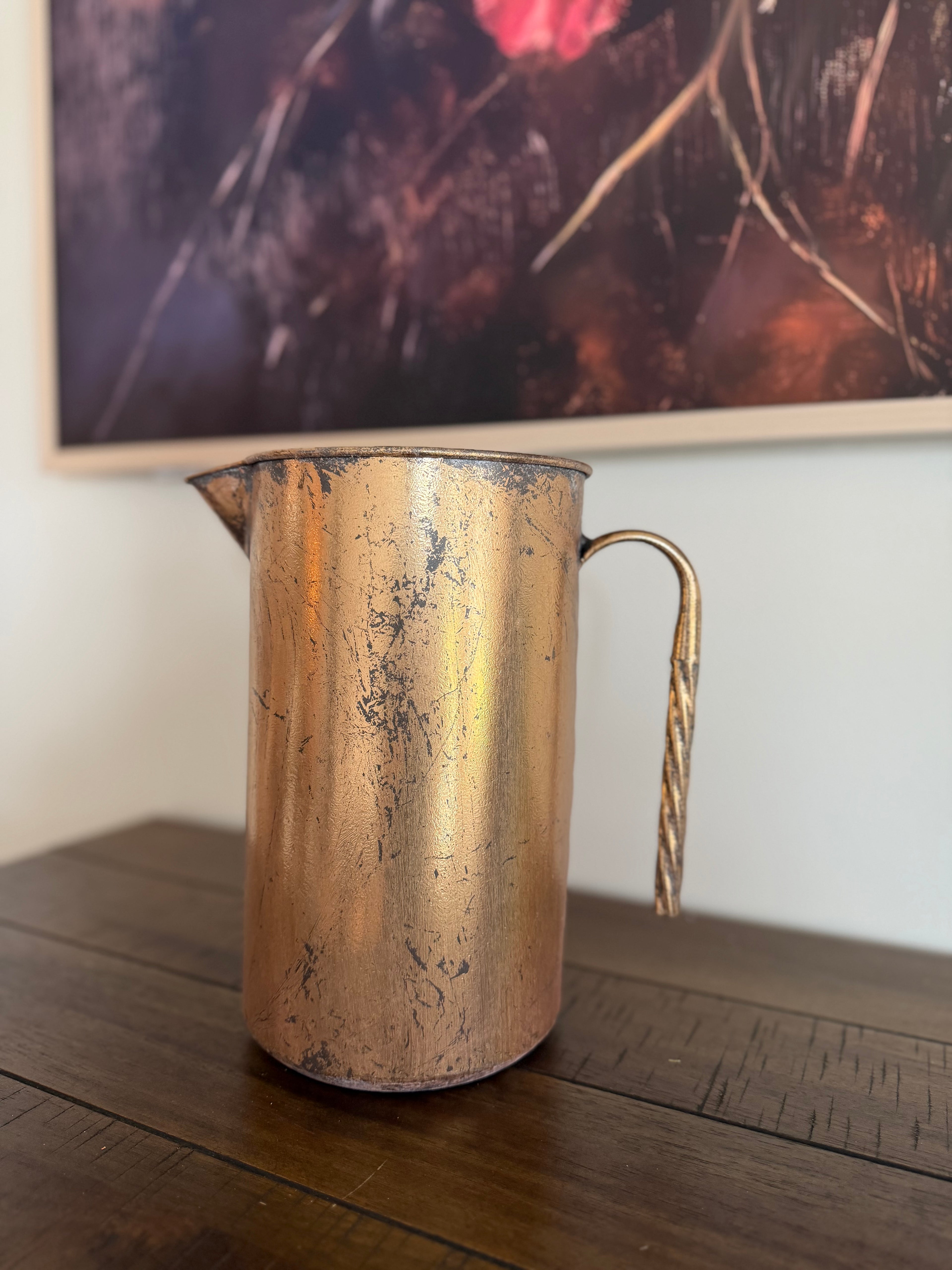 Distressed Golden Metal Pitcher