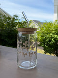 Beige Bows Glass Can Cup | 16 oz Iced Coffee Cup with Bamboo Lid & Glass Straw