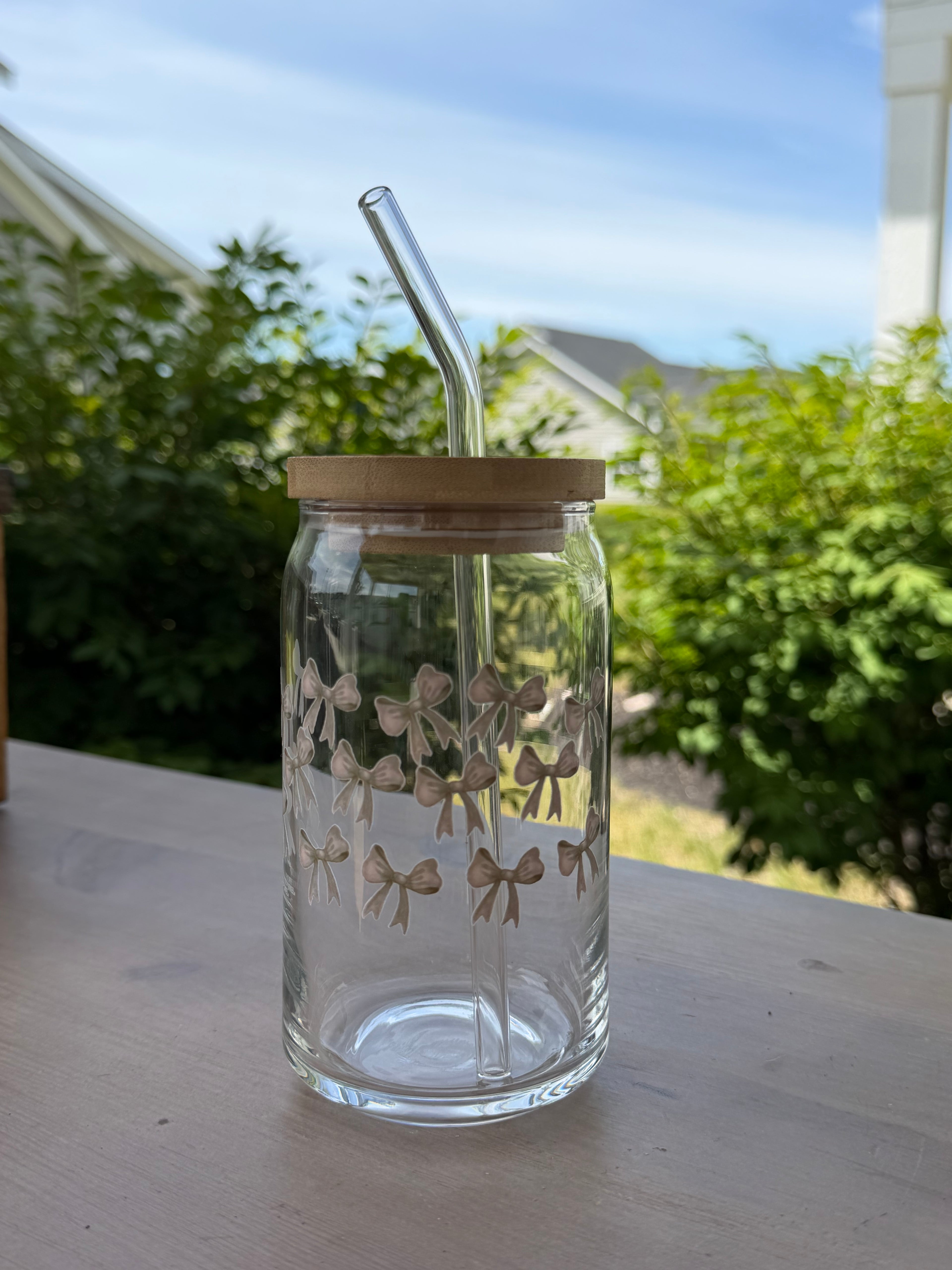 Beige Bows Glass Can Cup | 16 oz Iced Coffee Cup with Bamboo Lid & Glass Straw