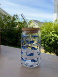 Blue Whales Glass Can Cup | 16 oz Iced Coffee Cup with Bamboo Lid & Glass Straw