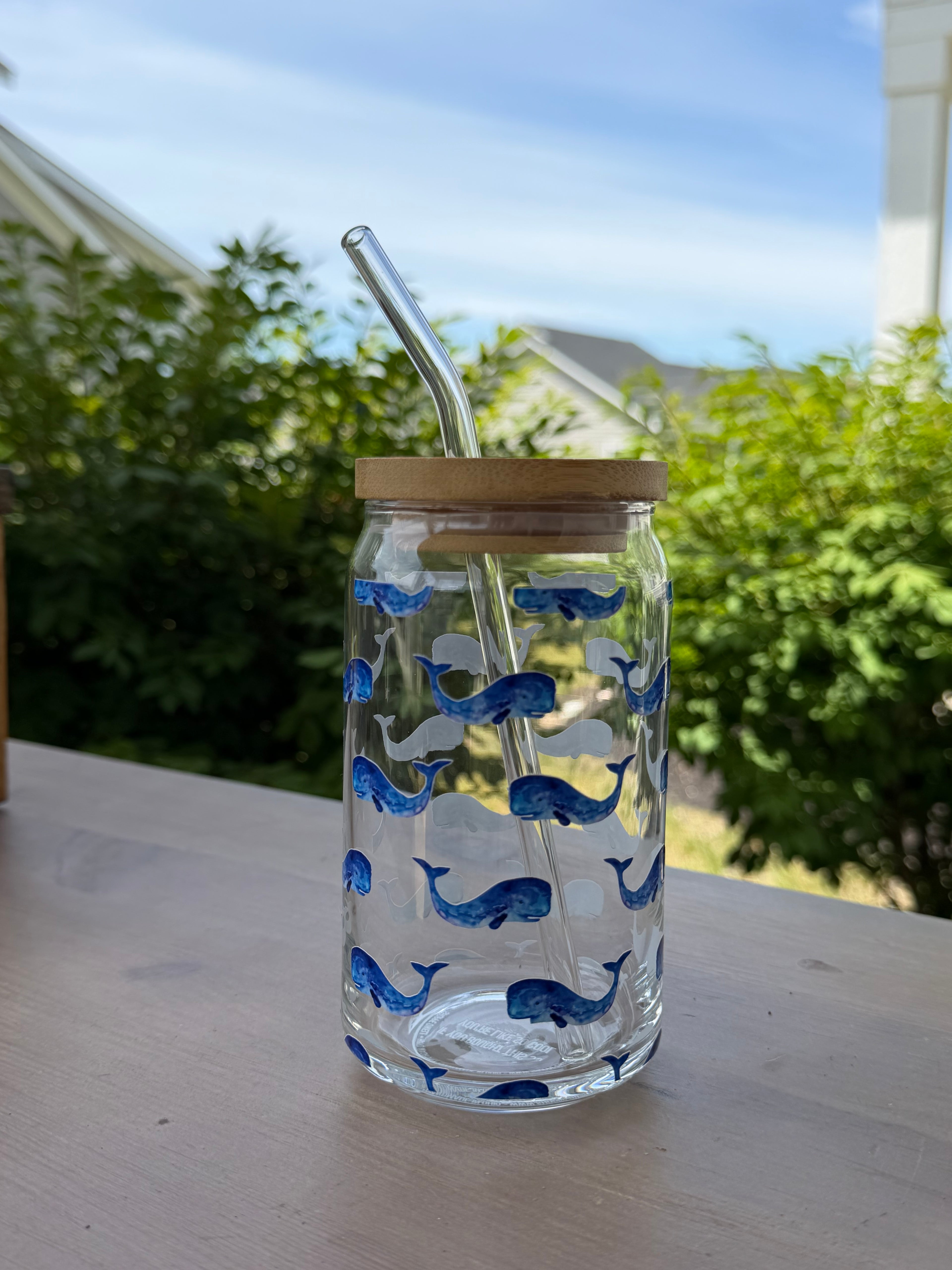 Blue Whales Glass Can Cup | 16 oz Iced Coffee Cup with Bamboo Lid & Glass Straw