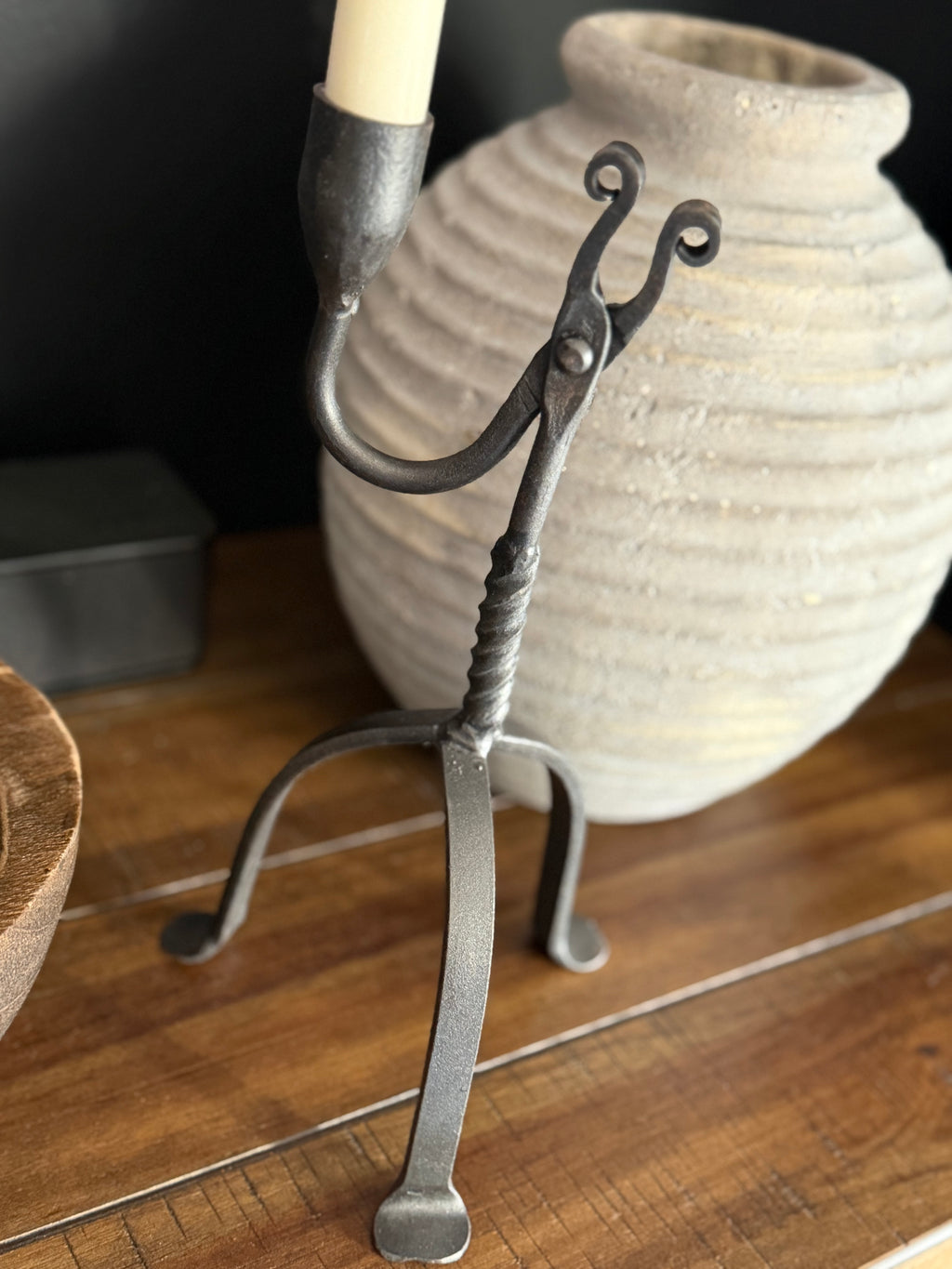 Single Taper Aged Wrought Iron Candle Holder