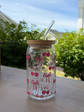 Bows and Cherries Coquette Glass Can Cup | 16 oz Iced Coffee Cup with Bamboo Lid & Glass Straw