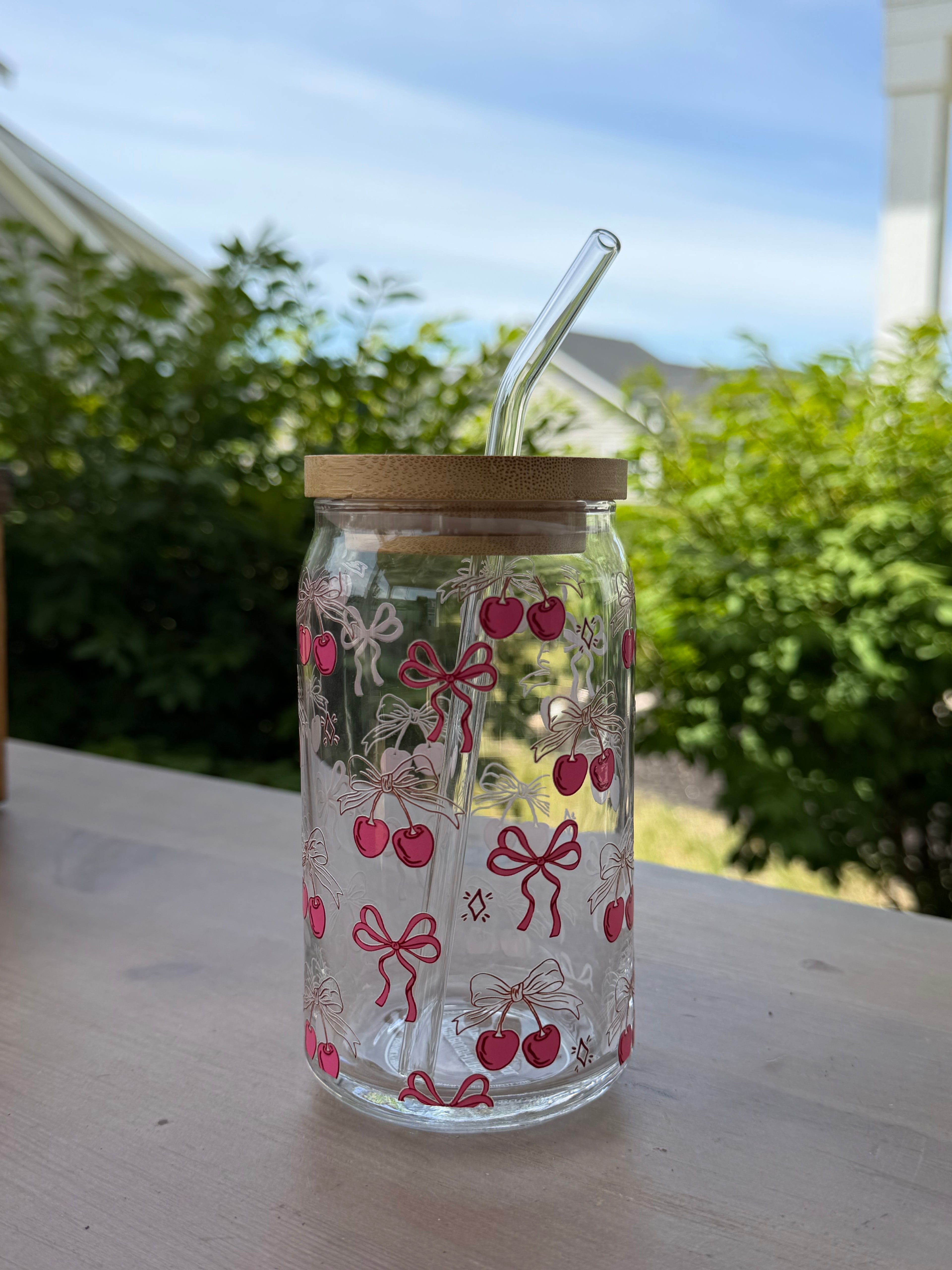 Bows and Cherries Coquette Glass Can Cup | 16 oz Iced Coffee Cup with Bamboo Lid & Glass Straw