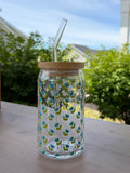 Blue Flowers Glass Can Cup | 16 oz Iced Coffee Cup with Bamboo Lid & Glass Straw