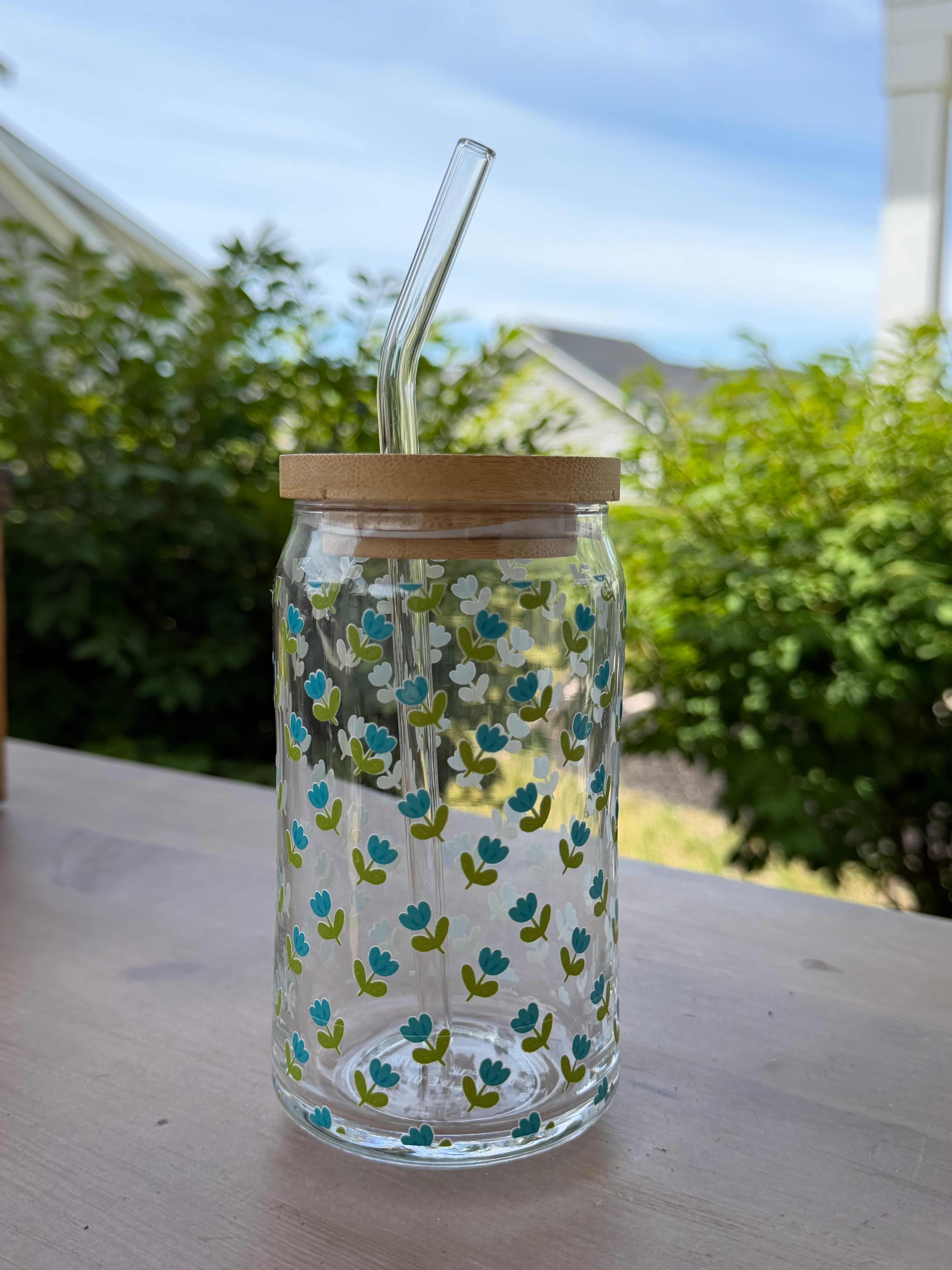 Blue Flowers Glass Can Cup | 16 oz Iced Coffee Cup with Bamboo Lid & Glass Straw