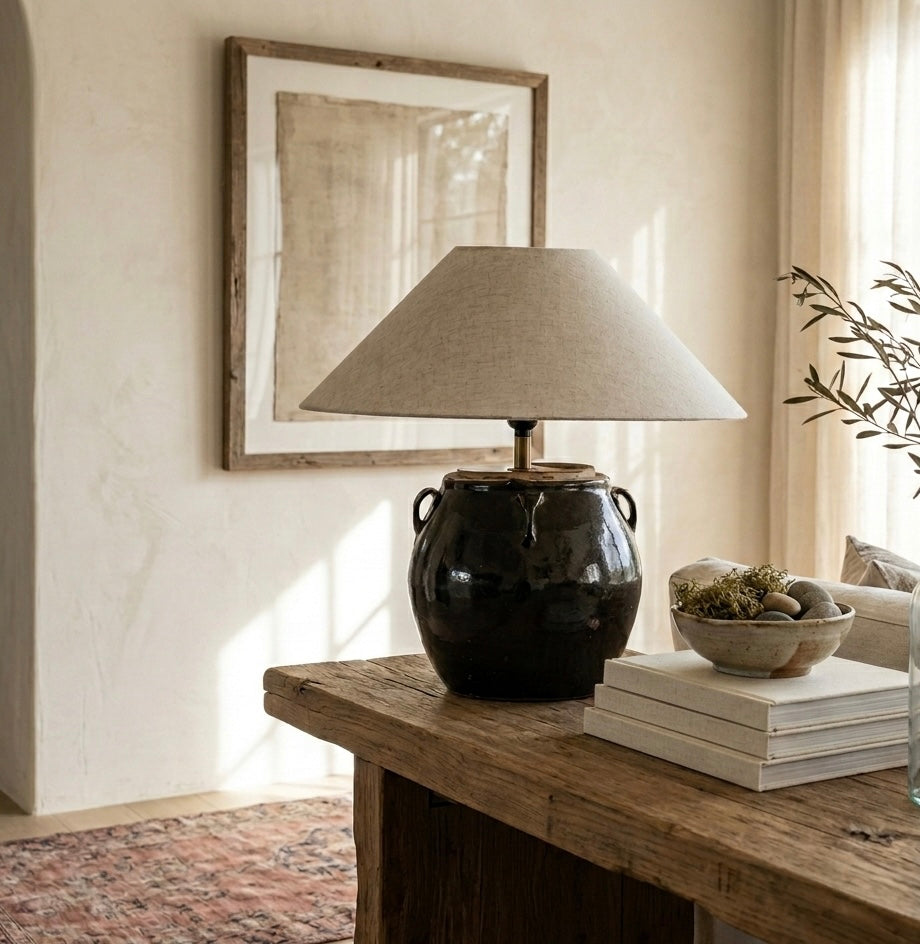 Found Handled Glazed Pot Table Lamp
