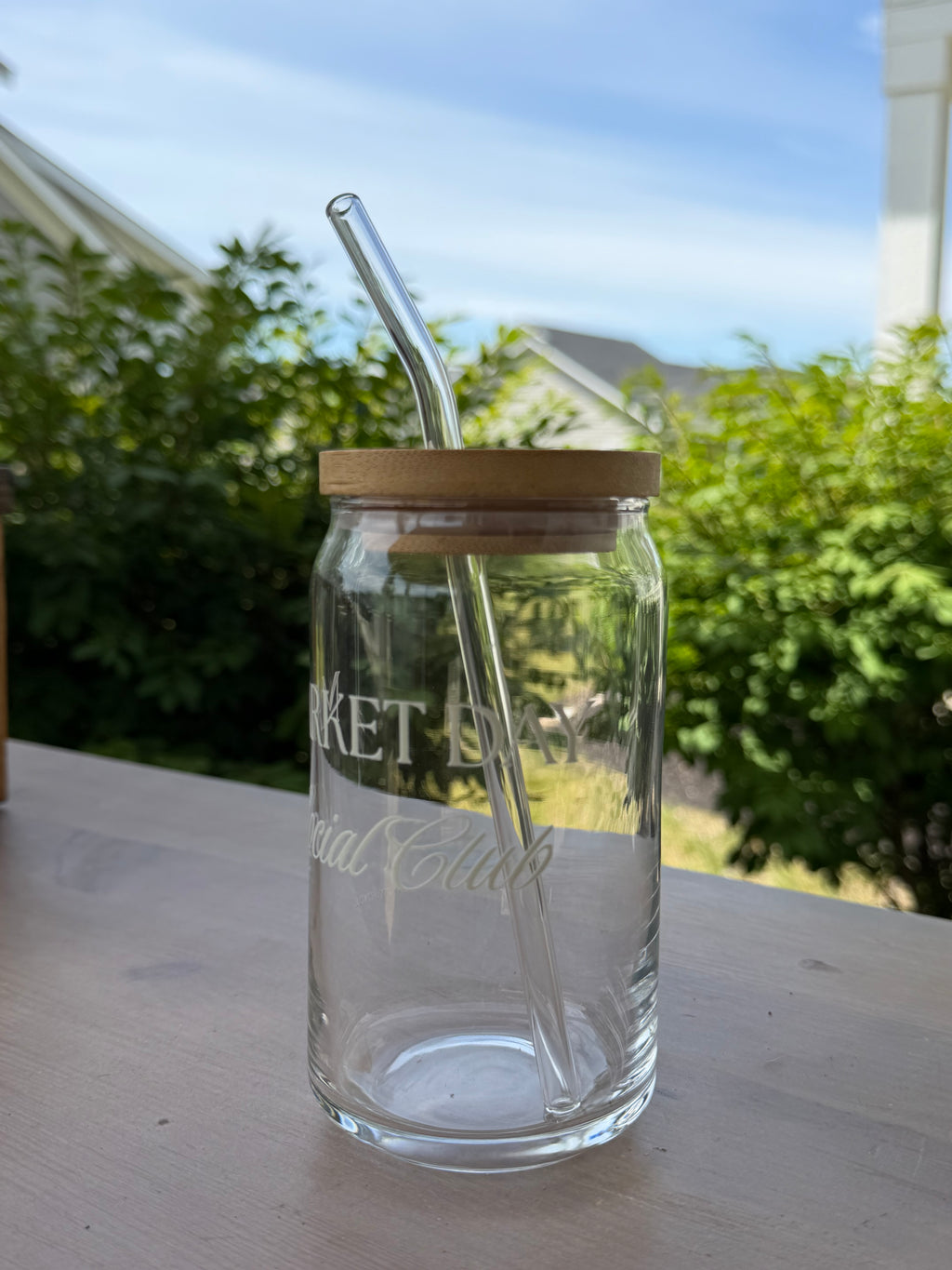 Market Day Social Club Glass Can Cup | 16 oz Iced Coffee Cup with Bamboo Lid & Glass Straw