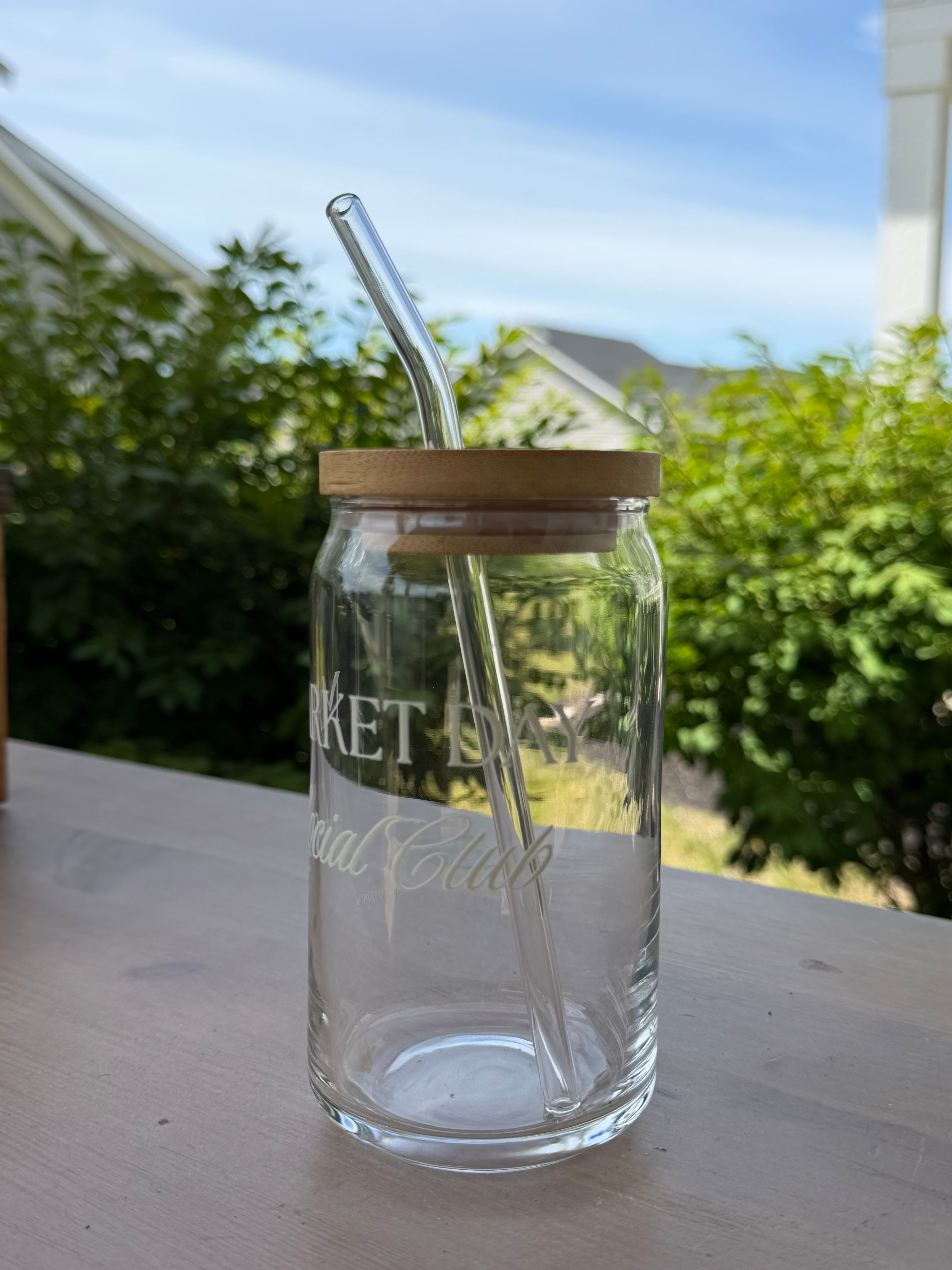 Market Day Social Club Glass Can Cup | 16 oz Iced Coffee Cup with Bamboo Lid & Glass Straw