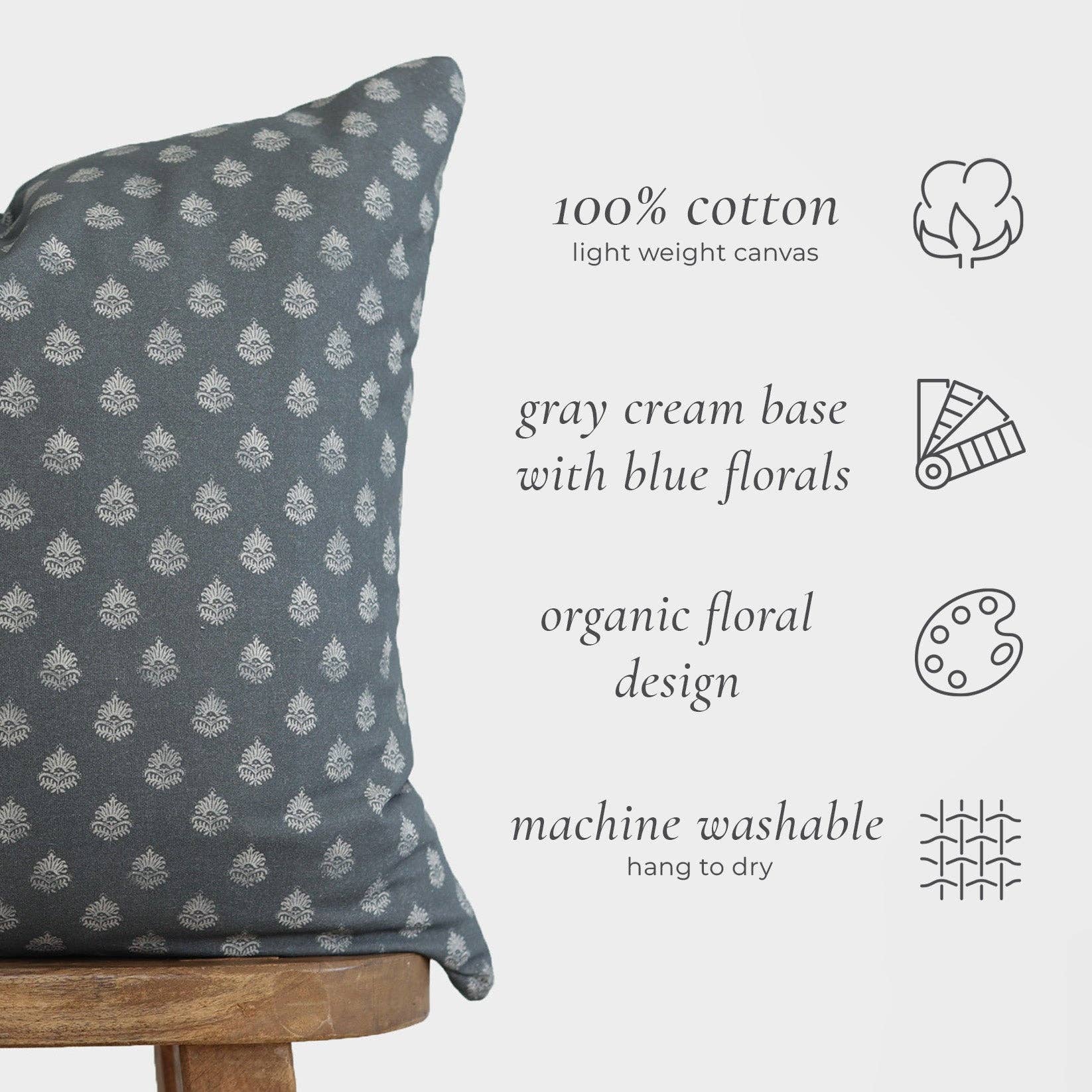 Clay Vintage Style Pillow Cover in Blue 22"