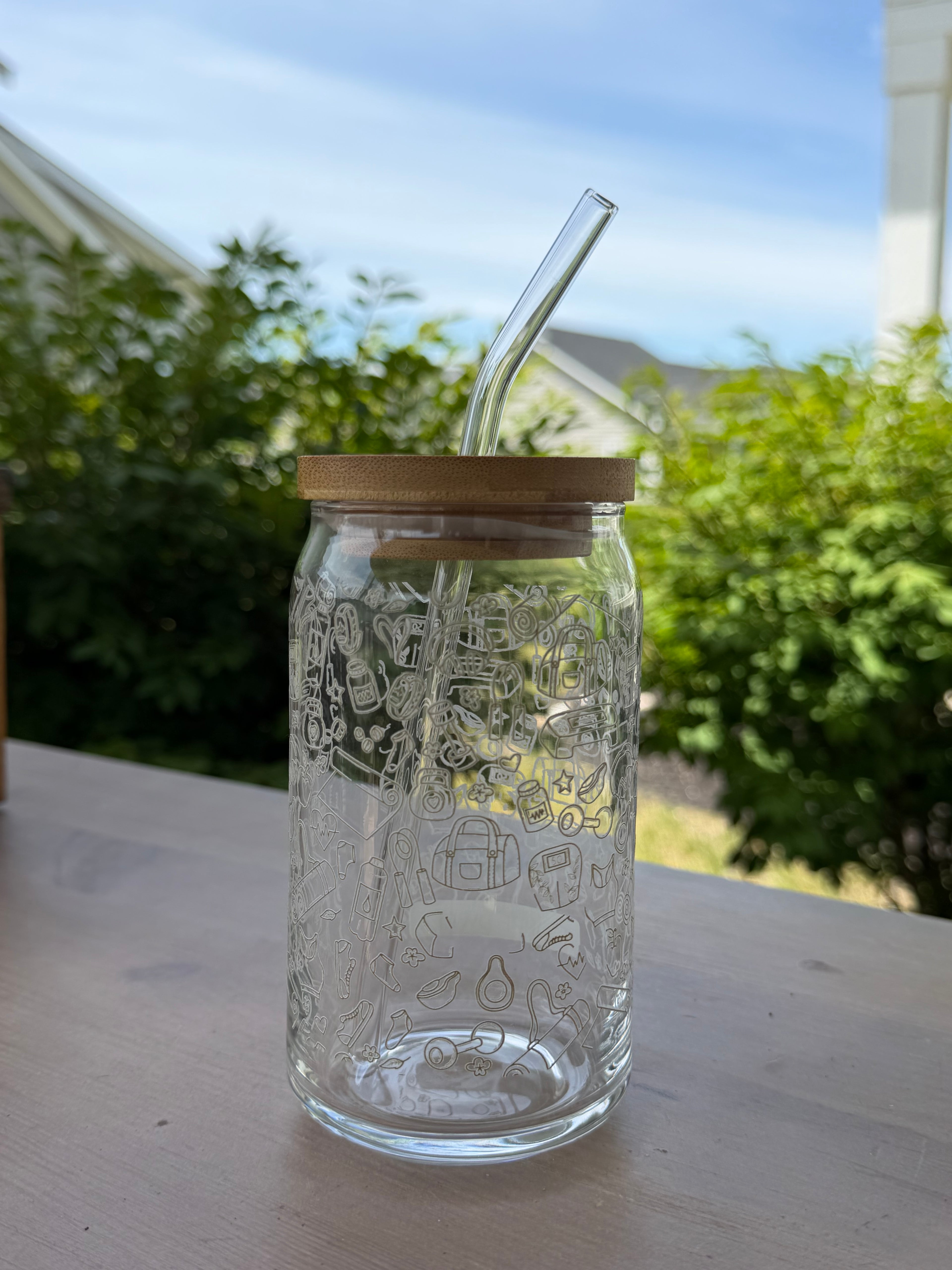 Yoga Pilates Pattern Glass Can Cup | 16 oz Iced Coffee Cup with Bamboo Lid & Glass Straw