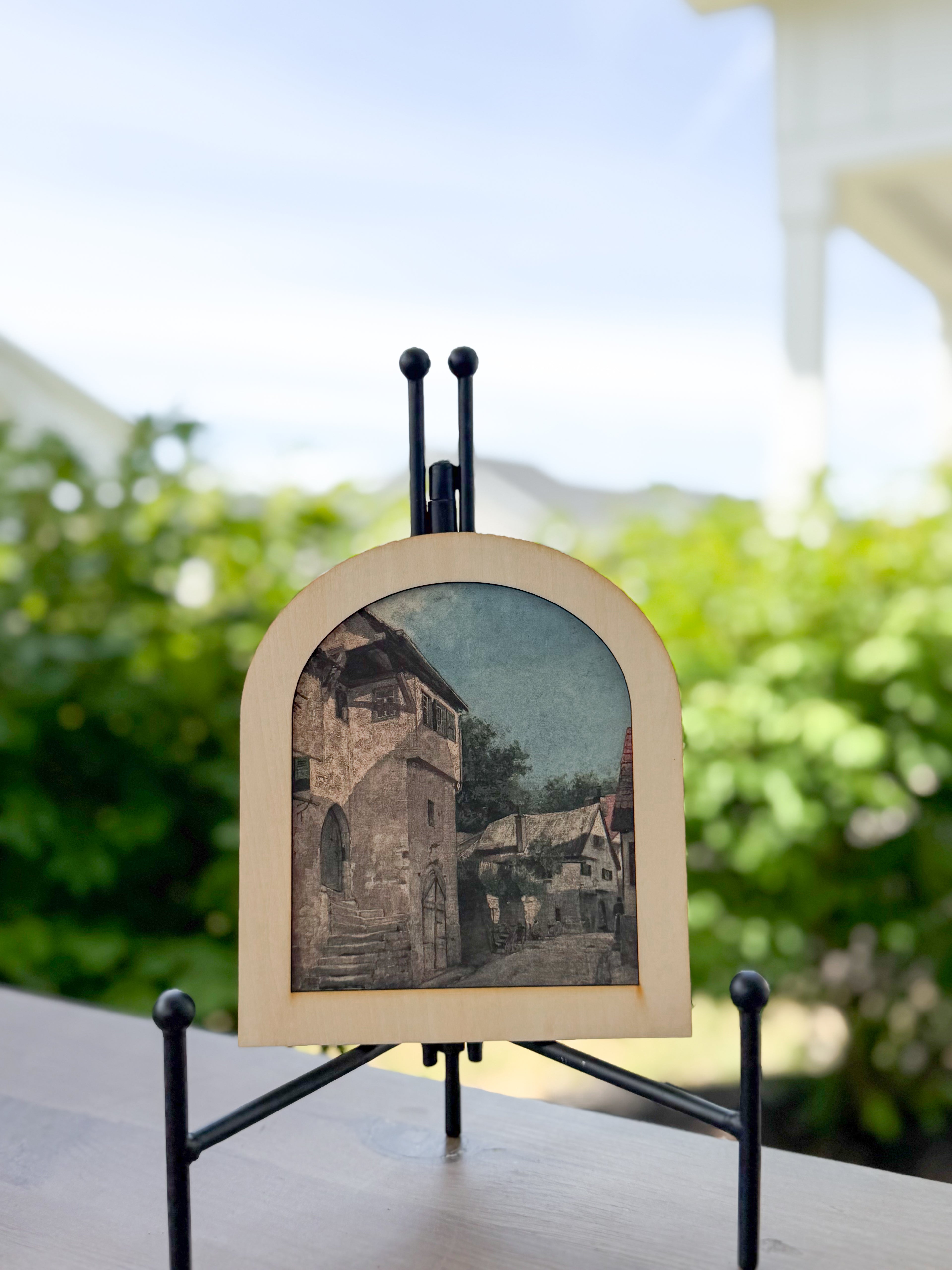 Vintage Arch Framed Art, European Village Scene | Cottage Wall Decor | European-Inspired Mini Wood Frame | 6.5” Decorative Accent