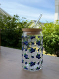 Blueberries Glass Can Cup | 16 oz Iced Coffee Cup with Bamboo Lid & Glass Straw