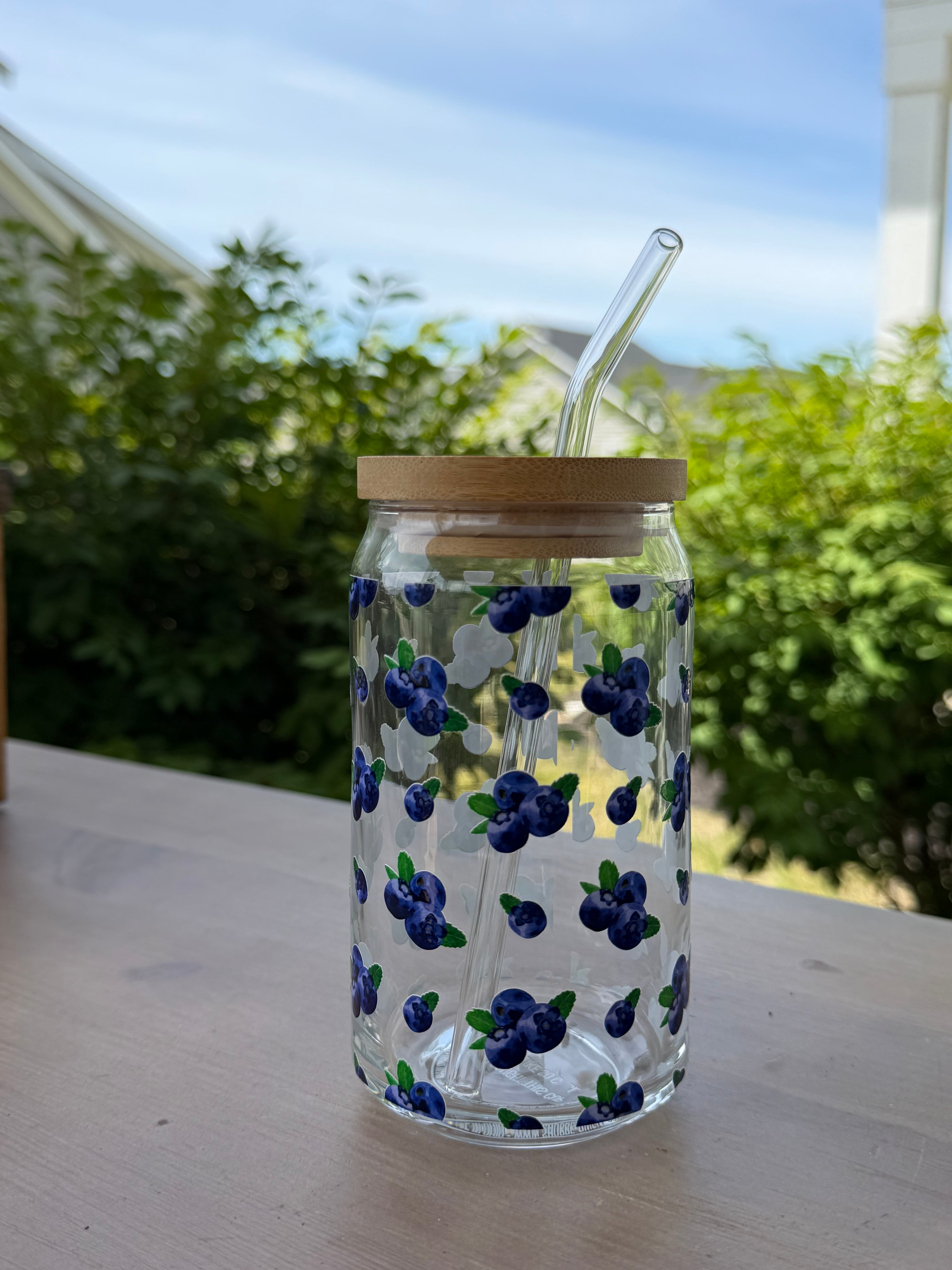 Blueberries Glass Can Cup | 16 oz Iced Coffee Cup with Bamboo Lid & Glass Straw