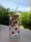 Strawberry Glass Can Cup | 16 oz Iced Coffee Cup with Bamboo Lid & Glass Straw