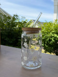 White Flowers Glass Can Cup | 16 oz Iced Coffee Cup with Bamboo Lid & Glass Straw