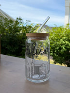 Columbus, Ohio Skyline Glass Cup | 16 oz Iced Coffee Cup with Bamboo Lid & Glass Straw