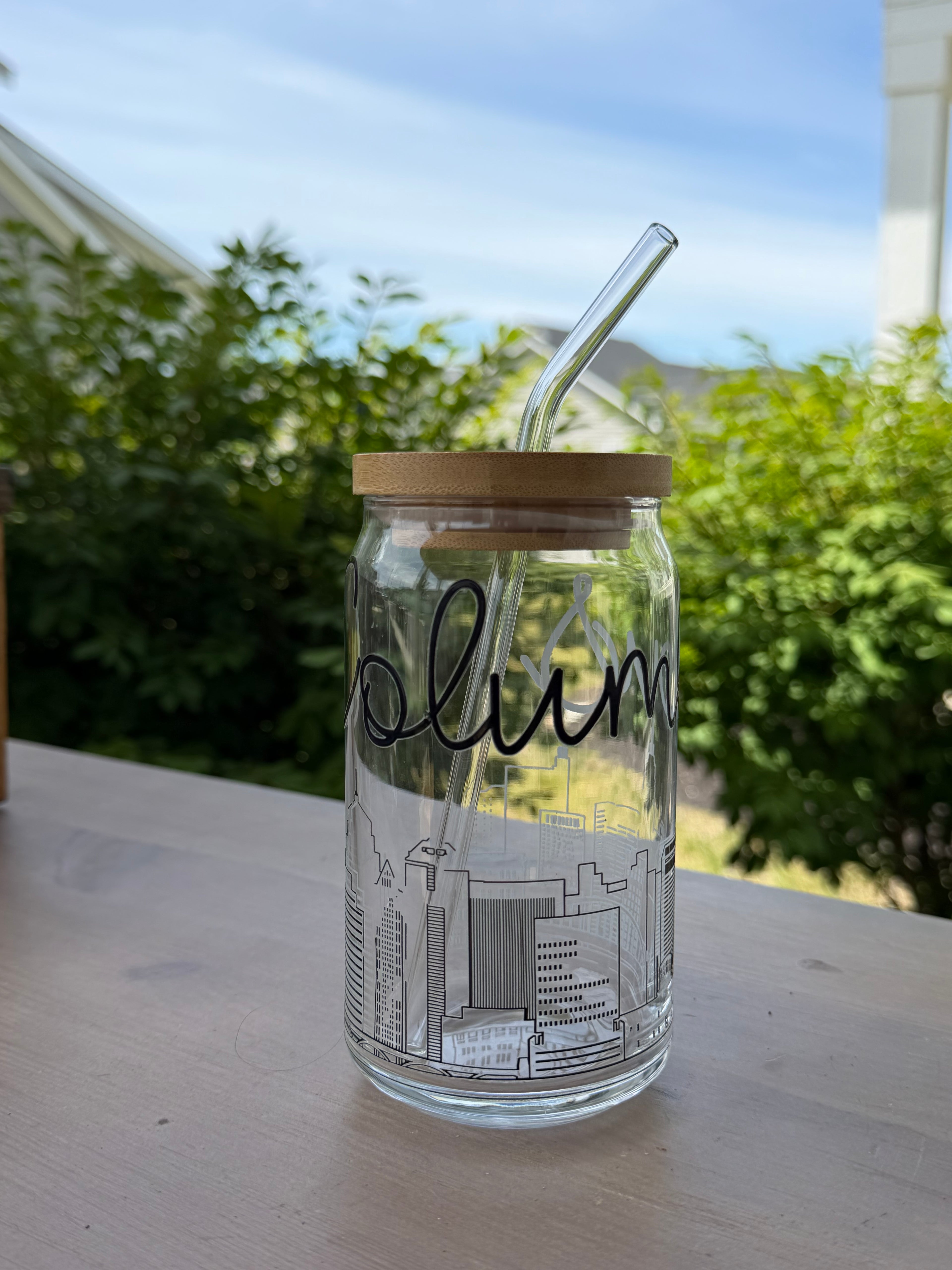 Columbus, Ohio Skyline Glass Cup | 16 oz Iced Coffee Cup with Bamboo Lid & Glass Straw