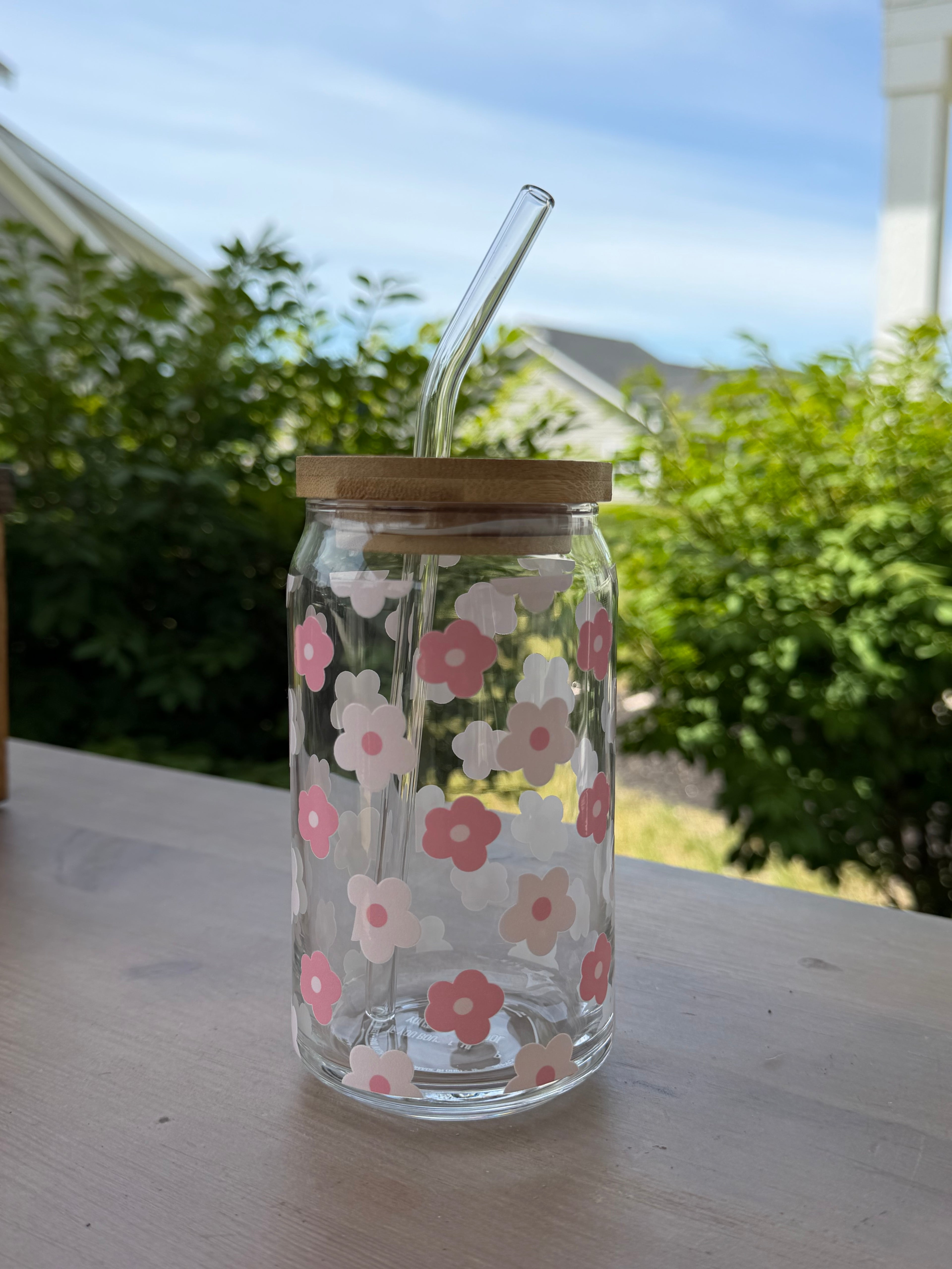 Pink Flowers Glass Can Cup | 16 oz Iced Coffee Cup with Bamboo Lid & Glass Straw