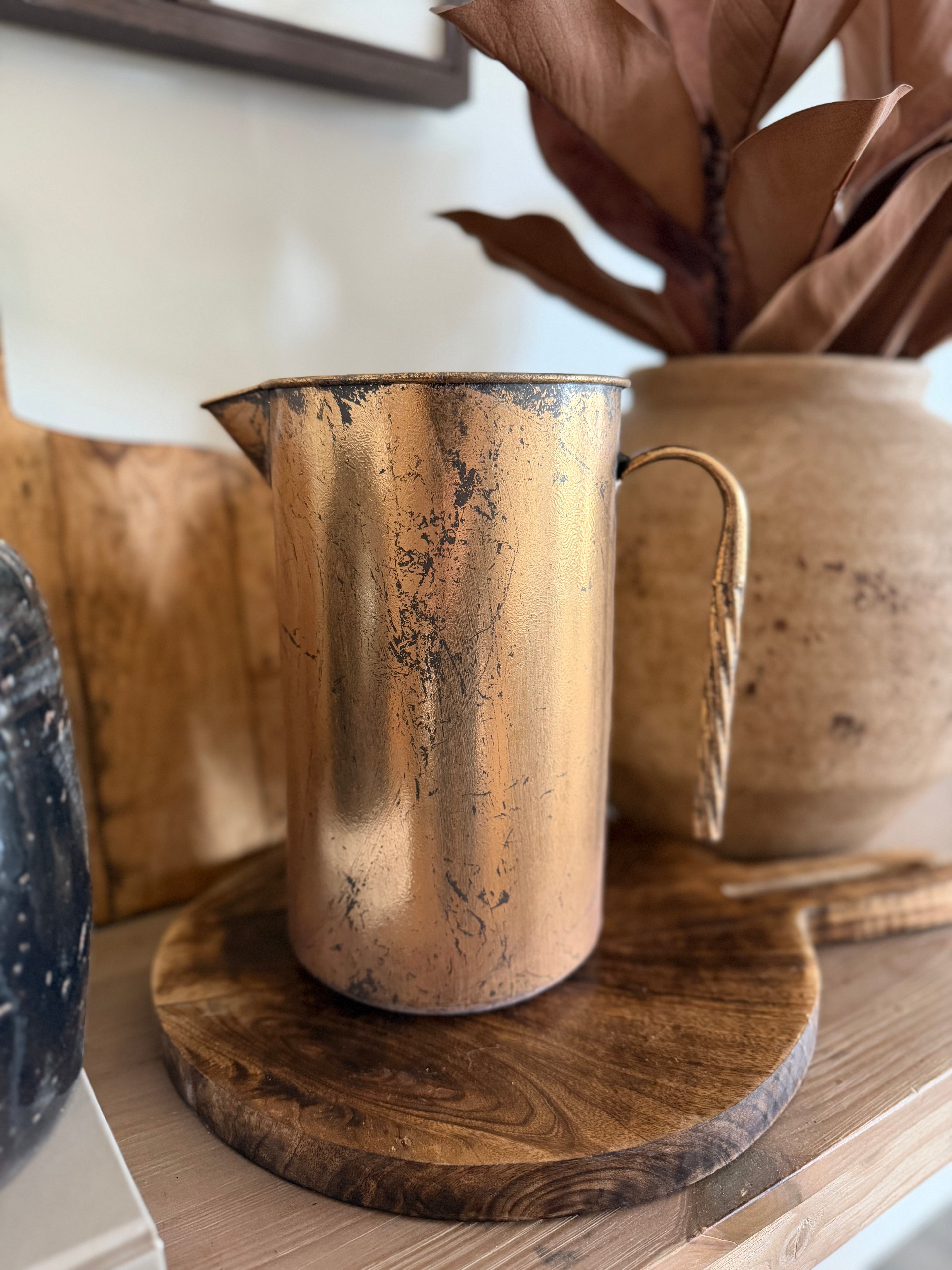 Distressed Golden Metal Pitcher