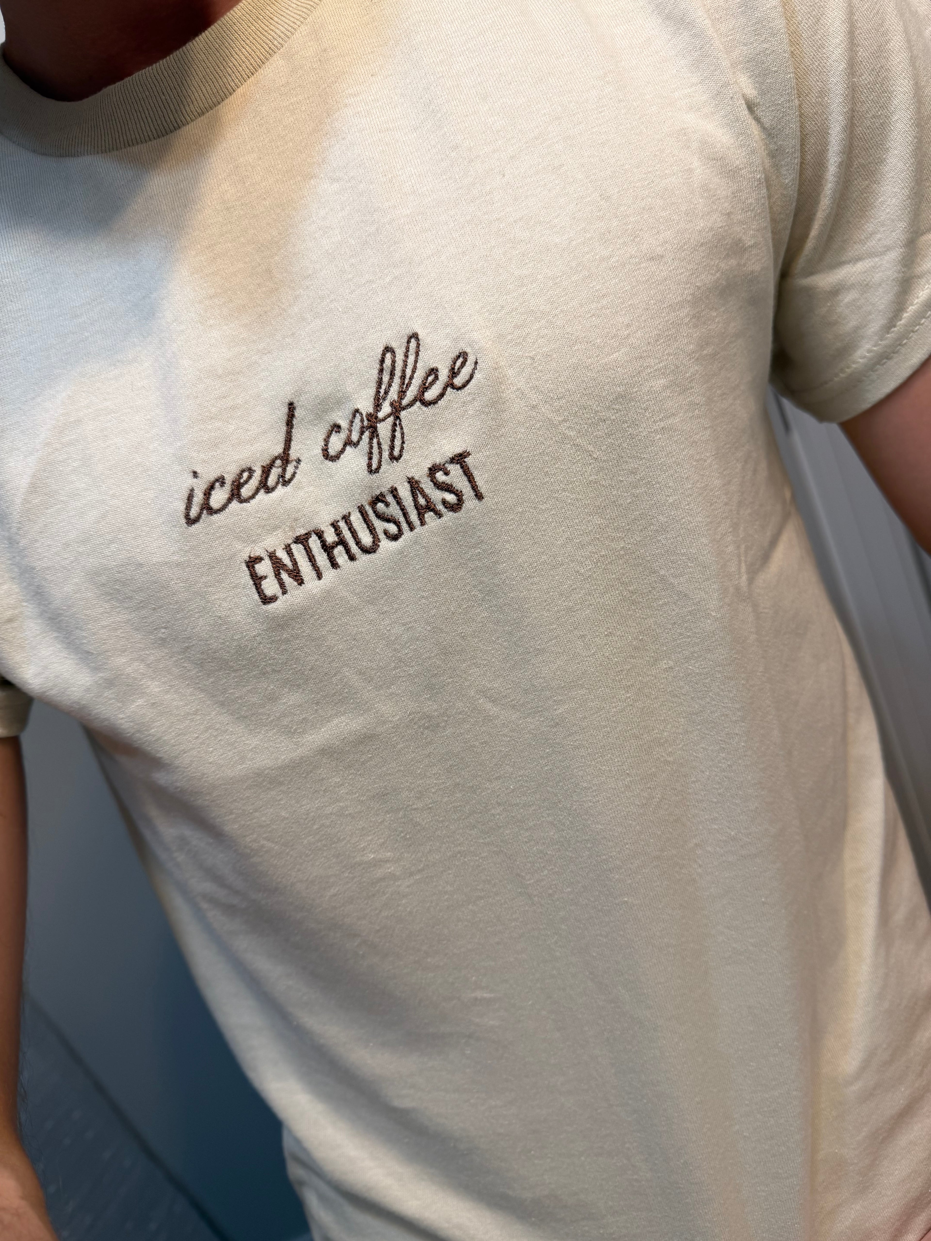 “iced coffee enthusiast” Embroidered T -Shirt