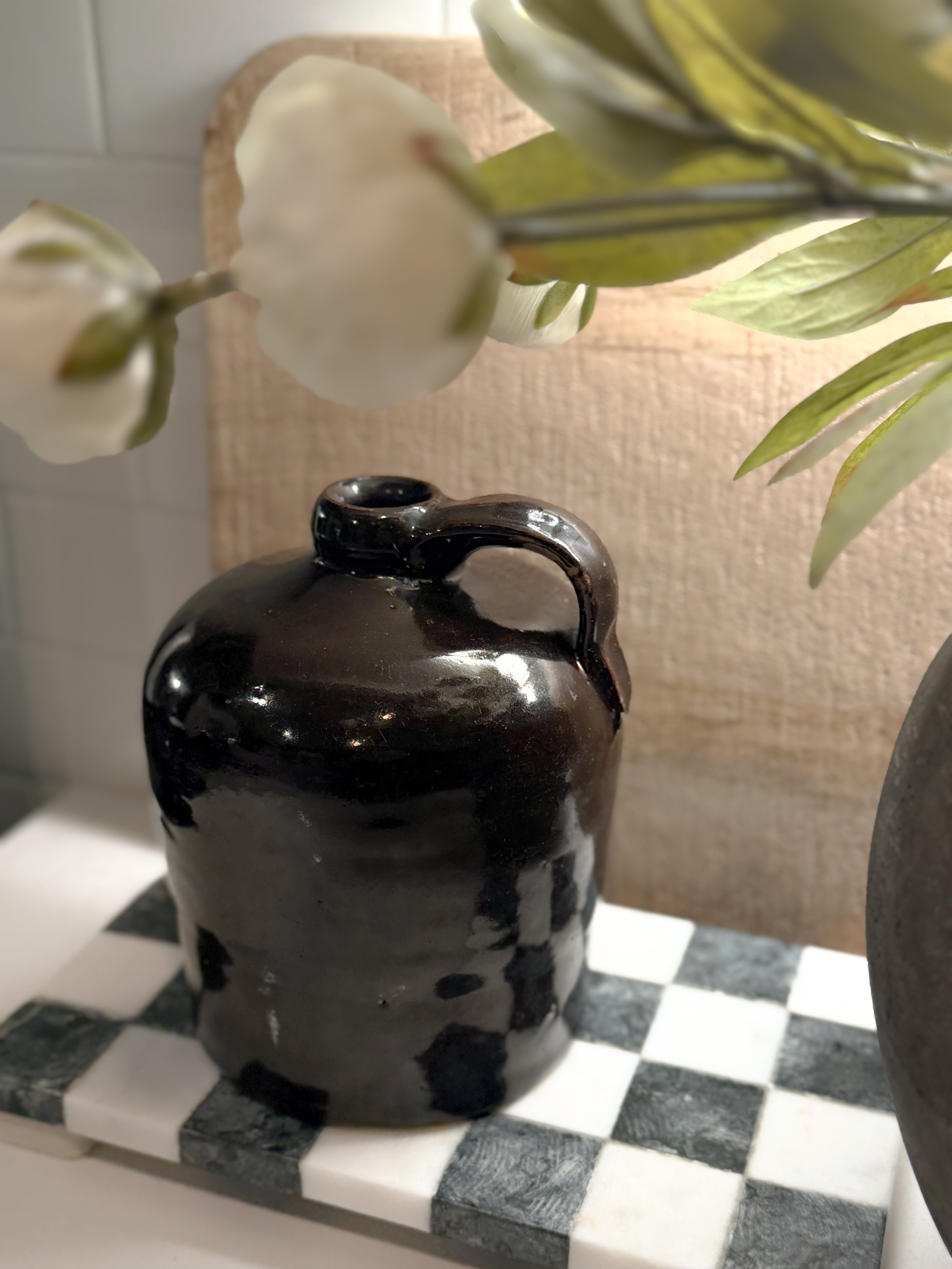 Brown Glazed Handled Stoneware Vessel