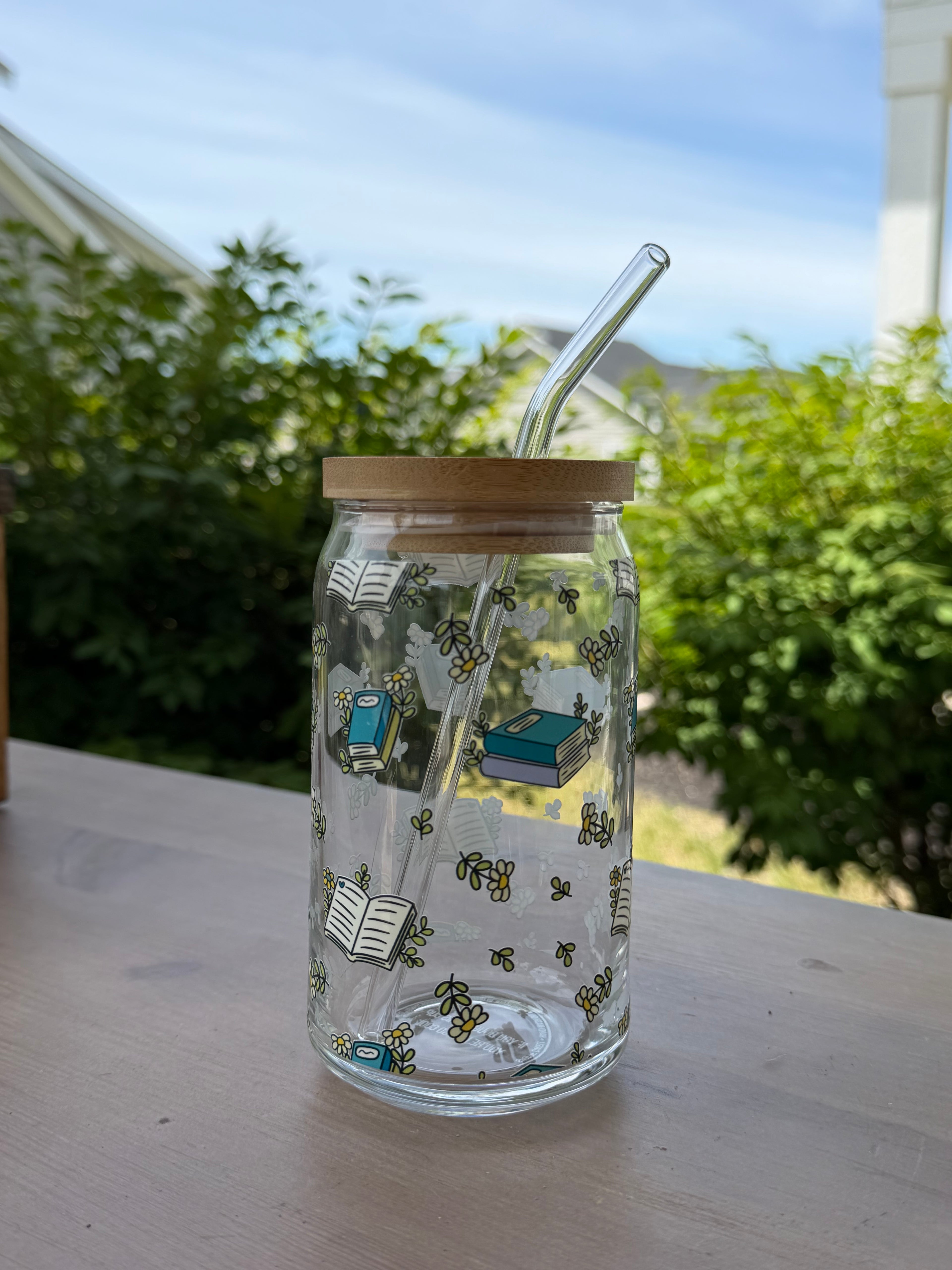 Bookish Book Lover Glass Can Cup | 16 oz Iced Coffee Cup with Bamboo Lid & Glass Straw
