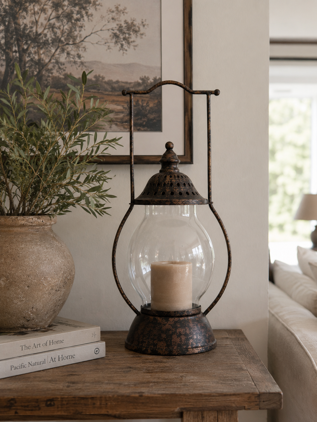 Rustic Bronze Glass Lantern – 21”