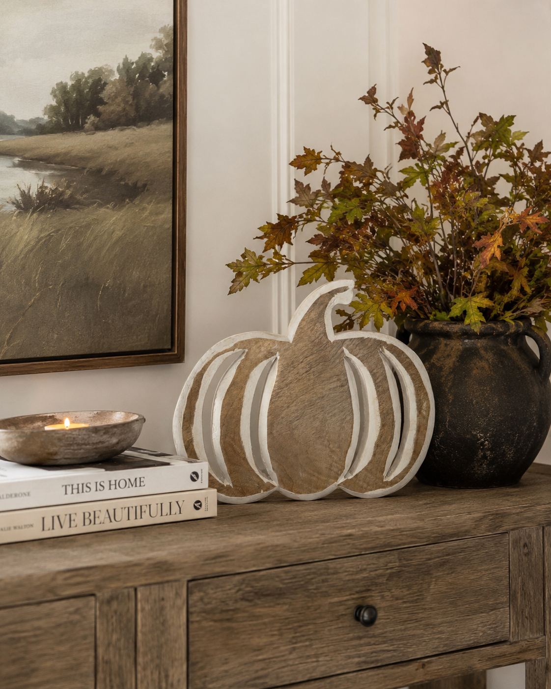 Rustic Carved Wooden Pumpkin Décor | 12” x 10” Fall Tabletop Accent