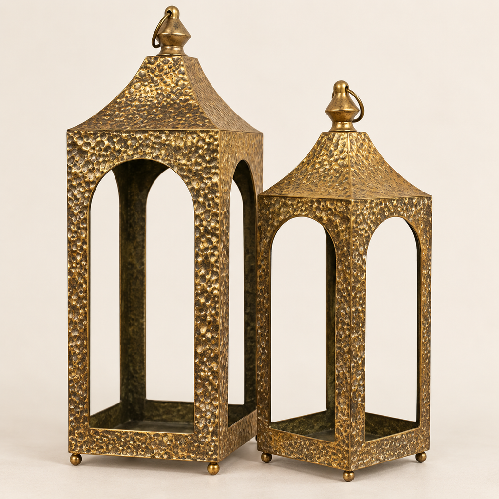 Hammered Gold Metal Open Air Lanterns | Set of 2