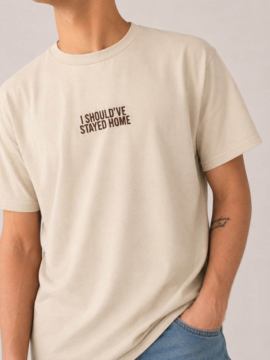“i should’ve stayed home” Embroidered T-Shirt