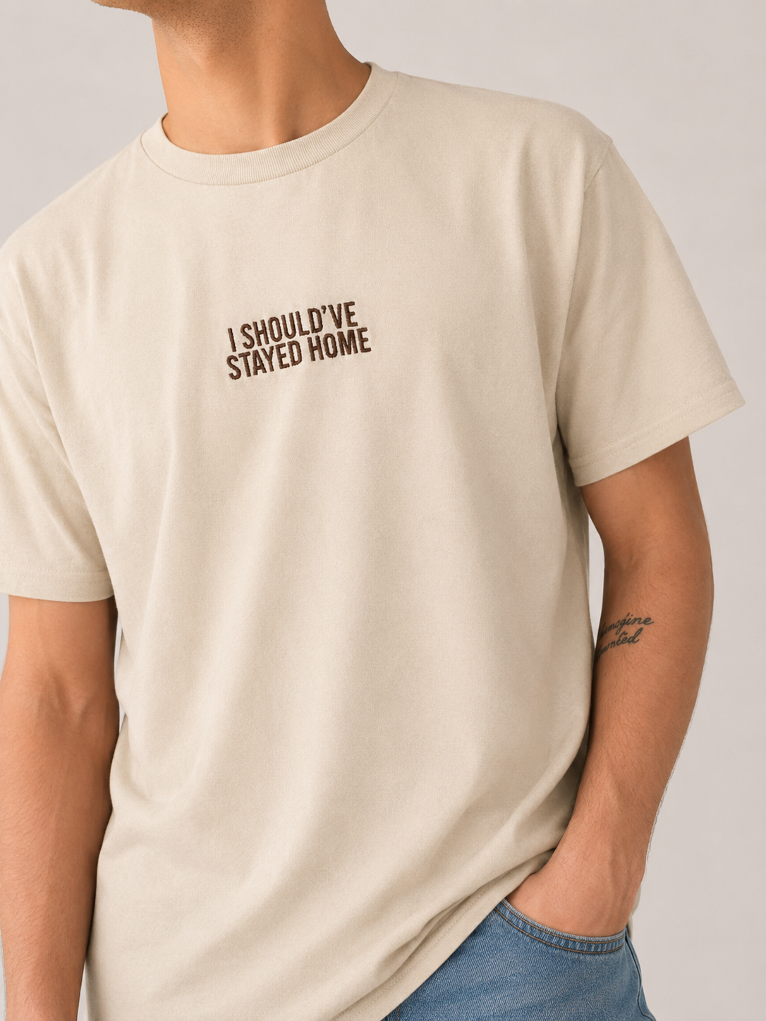 “i should’ve stayed home” Embroidered T-Shirt